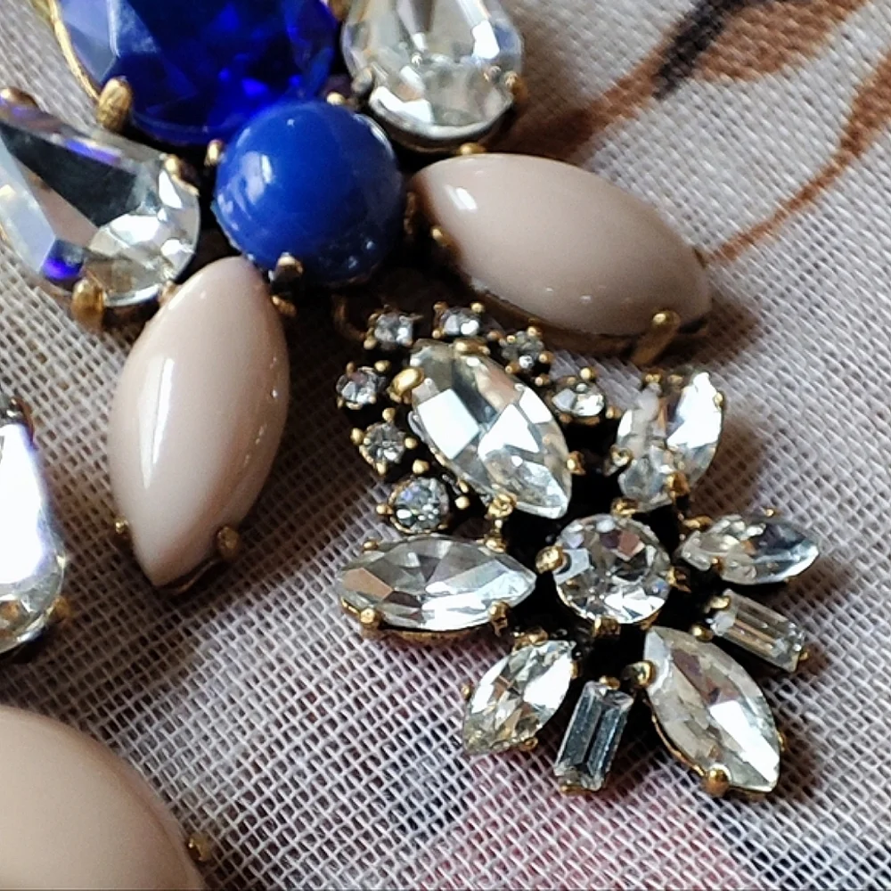 J. Crew Brand Sapphire Blue Opaque Cabachons Clear Rhinestones Pierced Earrings